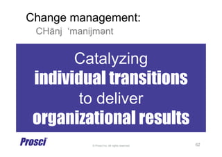© Prosci Inc. All rights reserved.
Change management:
CHānj ‘manijmǝnt
Catalyzing
individual transitions
to deliver
organizational results
62
 