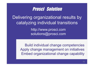 © Prosci Inc. All rights reserved.
Prosci Solution
Delivering organizational results by
catalyzing individual transitions
http://www.prosci.com | http://blog.prosci.com
changemanagement@prosci.com
Build individual change competencies
Apply change management on initiatives
Embed organizational change capability
http://www.prosci.com
solutions@prosci.com
75
 