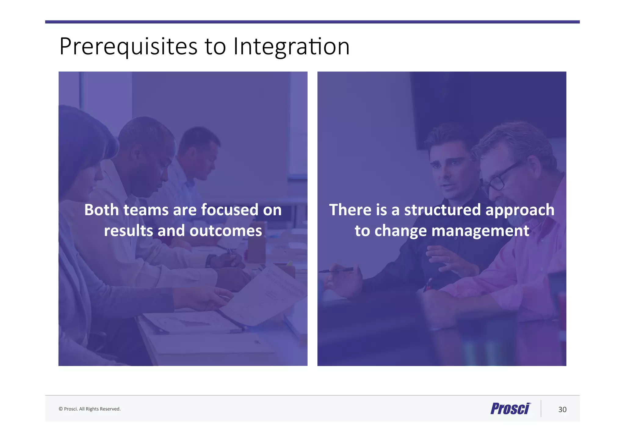 ©	Prosci.	All	Rights	Reserved.	 30	
Both	teams	are	focused	on	
results	and	outcomes	
Prerequisites to Integra/on
There	is	a	structured	approach	
to	change	management	
 