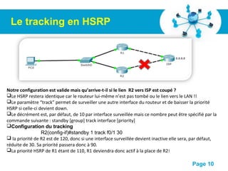 Pour plus de modèles : Modèles Powerpoint PPT gratuits
Page 10
Le tracking en HSRP
Notre configuration est valide mais qu’arrive-t-il si le lien R2 vers ISP est coupé ?
Le HSRP restera identique car le routeur lui-même n’est pas tombé ou le lien vers le LAN !!
Le paramètre “track” permet de surveiller une autre interface du routeur et de baisser la priorité
HSRP si celle-ci devient down.
Le décrément est, par défaut, de 10 par interface surveillée mais ce nombre peut être spécifié par la
commande suivante : standby [group] track interface [priority]
Configuration du tracking
R2(config-if)#standby 1 track f0/1 30
 la priorité de R2 est de 120, donc si une interface surveillée devient inactive elle sera, par défaut,
réduite de 30. Sa priorité passera donc à 90.
La priorité HSRP de R1 étant de 110, R1 deviendra donc actif à la place de R2!
 