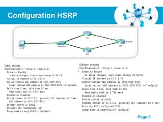 Pour plus de modèles : Modèles Powerpoint PPT gratuits
Page 9
Configuration HSRP
Nous pouvons modifier la priorité du routeur avec cette configuration :
Configuration du routeur 1
R1(config)#interface Fastethernet 0/0
R1(config-if)#standby 1 priority 110
Configuration du routeur 2
R2(config)#interface Fastethernet 0/0
R1(config-if)#standby 1 priority 120
R2(config-if)#standby 1 preempt
 