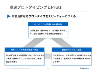 © 2015 Goodpatch Inc. All rights reserved.
高速プロトタイピングとPrott
13
はじめてでも戸惑わない操作性
UIが直感的で使いやすく、日本語にも対応し
ているので初めてでも操作に戸惑わない
Prott iOSアプリを使用すれば、スマートフォ
ン実機で簡単にアプリのプロトタイプ編集、
検証ができる
簡単にスマホ実機で編集・検証 豊富なアクション設定
ジェスチャー、トランジションのバリエーショ
ンが豊富で、実際のアプリの挙動がイメージ
しやすい
叩き台になるプロトタイプをスピーディーにつくる
 
