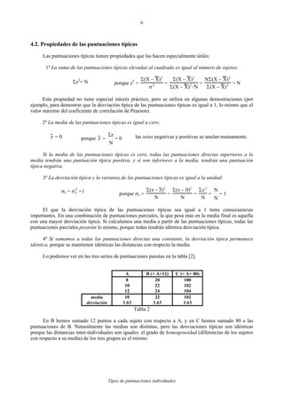 Tipos de puntuaciones individuales
6
4.2. Propiedades de las puntuaciones típicas
Las puntuaciones típicas tienen propiedades que las hacen especialmente útiles:
1º La suma de las puntuaciones típicas elevadas al cuadrado es igual al número de sujetos:
Σz2
= N porque z2
=
Σ(X − X)2
σ2 =
Σ(X − X)2
Σ(X − X)2
/N
=
NΣ(X − X)2
Σ(X − X)2 = N
Esta propiedad no tiene especial interés práctico, pero se utiliza en algunas demostraciones (por
ejemplo, para demostrar que la desviación típica de las puntuaciones típicas es igual a 1, lo mismo que el
valor máximo del coeficiente de correlación de Pearson).
2º La media de las puntuaciones típicas es igual a cero:
z = 0 porque z =
N
zΣ
= 0 las zetas negativas y positivas se anulan mutuamente.
Si la media de las puntuaciones típicas es cero, todas las puntuaciones directas superiores a la
media tendrán una puntuación típica positiva, y si son inferiores a la media, tendrán una puntuación
típica negativa.
3º La desviación típica y la varianza de las puntuaciones típicas es igual a la unidad:
σz = σz
2
=1 porque σz =
Σ(z − z)2
N
=
Σ(z − 0)2
N
=
Σz2
N
=
N
N
= 1
El que la desviación típica de las puntuaciones típicas sea igual a 1 tiene consecuencias
importantes. En una combinación de puntuaciones parciales, la que pesa más en la media final es aquella
con una mayor desviación típica. Si calculamos una media a partir de las puntuaciones típicas, todas las
puntuaciones parciales pesarán lo mismo, porque todas tendrán idéntica desviación típica.
4º Si sumamos a todas las puntuaciones directas una constante, la desviación típica permanece
idéntica, porque se mantienen idénticas las distancias con respecto la media.
Lo podemos ver en las tres series de puntuaciones puestas en la tabla [2].
A B (= A+12) C (= A+ 80)
8 20 100
10 22 102
12 24 104
media 10 22 102
desviación 1.63 1.63 1.63
Tabla 2
En B hemos sumado 12 puntos a cada sujeto con respecto a A, y en C hemos sumado 80 a las
puntuaciones de B. Naturalmente las medias son distintas, pero las desviaciones típicas son idénticas
porque las distancias inter-individuales son iguales: el grado de homogeneidad (diferencias de los sujetos
con respecto a su media) de los tres grupos es el mismo.
 