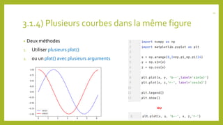 3.1.4) Plusieurs courbes dans la même figure
• Deux méthodes
1. Utiliser plusieurs plot()
2. ou un plot() avec plusieurs arguments
21
ou
 