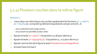3.1.4) Plusieurs courbes dans la même figure
Exercice 2:
a) tracer dans une même figure, les courbes représentant les fonctions y1 = 𝑠𝑖𝑛(𝑥2)
y2 = ln( 𝑥), où x comprend 30 éléments équidistants compris entre [0 , 2]
• sinus cardinal en trait rouge continu
• sinus amorti en pointillés couleur verte
b) Ajouter le texte ‘y= 𝑠𝑖𝑛(𝑥2) ’ à la position (1,0.8) pour décrire y1
c) Ajouter le texte ‘y= 𝑙𝑜𝑔(𝑠𝑞𝑟𝑡(𝑥)) ’ à la position (1, -0.1) pour décrire y2
d) Ajouter comme titre de la figure le texte ‘Fonctions sinus et logarithme’
e) Annoter l’axe X et l’axeY
23
 