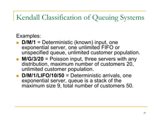 Kendall Classification of Queuing Systems
Examples:
 D/M/1 = Deterministic (known) input, one
exponential server, one unlimited FIFO or
unspecified queue, unlimited customer population.
p q , p p
 M/G/3/20 = Poisson input, three servers with any
distribution, maximum number of customers 20,
unlimited customer population.
unlimited customer population.
 D/M/1/LIFO/10/50 = Deterministic arrivals, one
exponential server, queue is a stack of the
maximum size 9 total number of customers 50
maximum size 9, total number of customers 50.
29
 