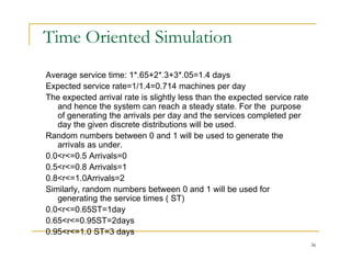 Time Oriented Simulation
Average service time: 1*.65+2*.3+3*.05=1.4 days
E t d i t 1/1 4 0 714 hi d
Expected service rate=1/1.4=0.714 machines per day
The expected arrival rate is slightly less than the expected service rate
and hence the system can reach a steady state. For the purpose
of generating the arrivals per day and the services completed per
g g p y p p
day the given discrete distributions will be used.
Random numbers between 0 and 1 will be used to generate the
arrivals as under.
0.0<r<=0.5 Arrivals=0
0.5<r<=0.8 Arrivals=1
0.8<r<=1.0Arrivals=2
Si il l d b b t 0 d 1 ill b d f
Similarly, random numbers between 0 and 1 will be used for
generating the service times ( ST)
0.0<r<=0.65ST=1day
0 65<r<=0 95ST=2days
36
0.65<r<=0.95ST=2days
0.95<r<=1.0 ST=3 days
 