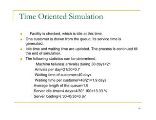 Time Oriented Simulation
 Facility is checked, which is idle at this time.
 One customer is drawn from the queue, its service time is
generated.
 Idle time and waiting time are updated. The process is continued till
th d f i l ti
the end of simulation.
 The following statistics can be determined.
Machine failures( arrivals) during 30 days=21
Arrivals per day=21/30=0.7
Waiting time of customer=40 days
Waiting time per customer=40/21=1.9 days
Average length of the queue=1.9
Server idle time=4 days=4/30* 100=13.33 %
Server loading=( 30-4)/30=0.87
38
g ( )
 