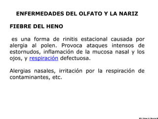 ENFERMEDADES DEL OLFATO Y LA NARIZ

FIEBRE DEL HENO

 es una forma de rinitis estacional causada por
alergia al polen. Provoca ataques intensos de
estornudos, inflamación de la mucosa nasal y los
ojos, y respiración defectuosa.

Alergias nasales, irritación por la respiración de
contaminantes, etc.
 