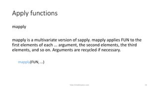 Apply functions
mapply
mapply is a multivariate version of sapply. mapply applies FUN to the
first elements of each ... argument, the second elements, the third
elements, and so on. Arguments are recycled if necessary.
mapply(FUN, ...)
http://shakthydoss.com 14
 