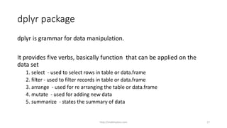dplyr package
dplyr is grammar for data manipulation.
It provides five verbs, basically function that can be applied on the
data set
1. select - used to select rows in table or data.frame
2. filter - used to filter records in table or data.frame
3. arrange - used for re arranging the table or data.frame
4. mutate - used for adding new data
5. summarize - states the summary of data
http://shakthydoss.com 17
 