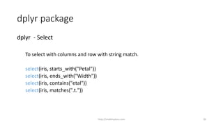 dplyr package
dplyr - Select
To select with columns and row with string match.
select(iris, starts_with("Petal"))
select(iris, ends_with("Width"))
select(iris, contains("etal"))
select(iris, matches(".t."))
http://shakthydoss.com 20
 