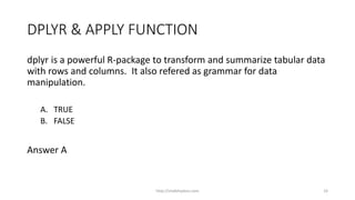 DPLYR & APPLY FUNCTION
dplyr is a powerful R-package to transform and summarize tabular data
with rows and columns. It also refered as grammar for data
manipulation.
A. TRUE
B. FALSE
Answer A
http://shakthydoss.com 33
 