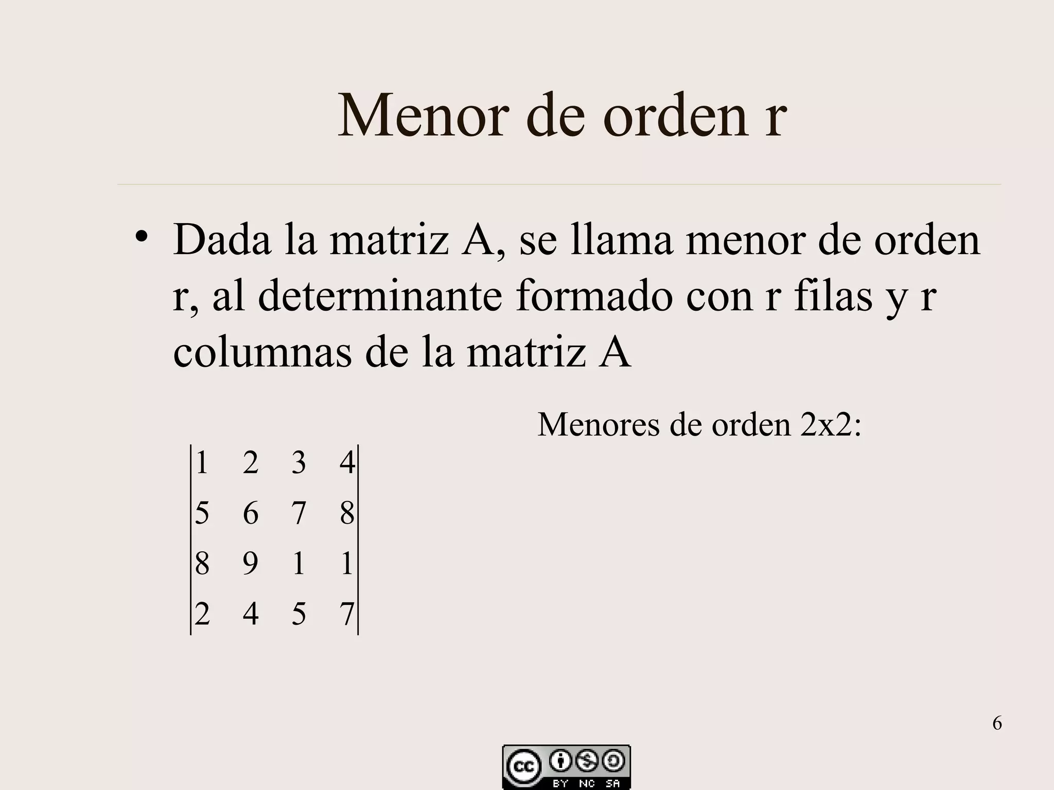 Menor de orden r Dada la matriz A, se llama menor de orden r, al determinante formado con r filas y r columnas de la matriz A Menores de orden 2x2: