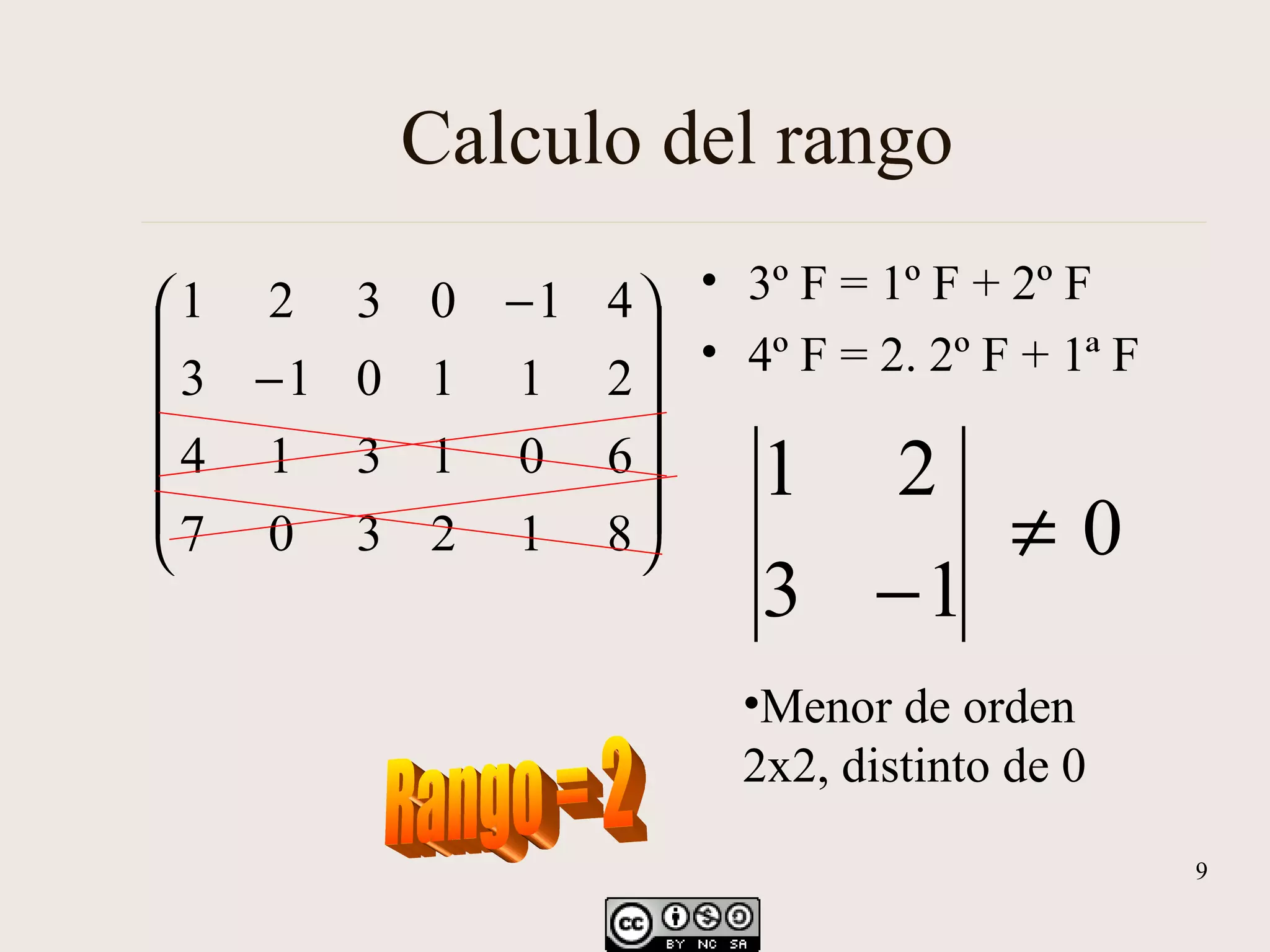 Calculo del rango 3º F = 1º F + 2º F 4º F = 2. 2º F + 1ª F Rango = 2 Menor de orden 2x2, distinto de 0