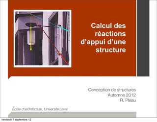 Calcul des 
réactions 
d’appui d’une 
structure 
Conception de structures 
Automne 2012 
R. Pleau 
École d’architecture, Université Laval 
vendredi 7 septembre 12 
 
