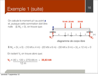 On calcule le moment p/r au point a 
et, puisque cette sommation doit être 
nulle (Σ Ma = 0), on trouve que: a 
Σ Ma = (V1 x 0) - (10 kN x 4 m) - (20 kN x 6 m) - (30 kN x 9 m) + (V2 x 12 m) = 0 
En isolant V2 on trouve alors que: 
V2 = (40 + 120 + 270) kN-m = 35,83 kN 
12 m 
16 
[m] 
10 kN 20 kN 30 kN 
V1 V2 
diagramme de corps libre 
12 
Exemple 1 (suite) 
4 2 3 3 
vendredi 7 septembre 12 
 