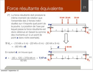 Force résultante équivalente 21 
2º) La force résultante doit produire le 
même moment de rotation que 
l’ensemble des 3 forces indivi-duelles 
sur n’importe quel point de 
la poutre. La position de l’axe par 
lequel passe la force résultante est 
donc obtenue en faisant la somme 
des moments p/r à un point (le 
point a dans notre exemple). 
Σ Ma = - (10 kN x 4 m) - (20 kN x 6 m) - (30 kN x 9 m) 
= - (60 kN x d) 
En isolant d, on trouve que: 
d = - (40 + 120 + 270) kN-m = 7,17 m 
60 kN 
a 
V1 
[m] 
10 kN 20 kN 30 kN 
4 2 3 3 
V2 
[m] 
V1 
4 2 3 3 
a 
d 60 kN 
V2 
vendredi 7 septembre 12 
 