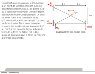 On choisit alors de calculer le moment p/r 
à un point de jonction entre les axes de 
deux forces inconnues (i.e. les points a, b 
ou c dans notre exemple). De cette façon, 
deux forces inconnues possèdent un bras 
de levier nul et il ne nous reste alors 
qu’une seule force inconnue que l’on peut 
facilement isoler. Dans notre exemple, 
nous choisirons de calculer le moment p/r 
au point b car, de cette façon, le bras de 
levier de la force de 50 kN est nul lui 
aussi, et il ne reste que la force de 100 kN 
à prendre en compte. 
29 
50 kN 
2 m 
2 m 
2 m 
100 kN 
45 º 
V1 
F2 
H1 
b 
Diagramme de corps libre 
vendredi 7 septembre 12 
 