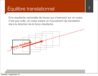 Équilibre translationnel 3 
Si la résultante vectorielle de forces qui s’exercent sur un corps 
n’est pas nulle, ce corps subira un mouvement de translation 
dans la direction de la force résultante. 
Force résultante 
vendredi 7 septembre 12 
 