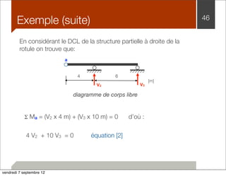Exemple (suite) 46 
En considérant le DCL de la structure partielle à droite de la 
rotule on trouve que: 
diagramme de corps libre 
Σ Ma = (V2 x 4 m) + (V3 x 10 m) = 0 d’où : 
4 V2 + 10 V3 = 0 équation [2] 
[m] 
4 6 
V2 V3 
a 
vendredi 7 septembre 12 
 