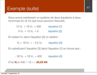 Exemple (suite) 47 
Nous avons maintenant un système de deux équations à deux 
inconnues (V2 et V3) que nous pouvons résoudre. 
12 V2 + 18 V3 = 400 équation [1] 
4 V2 + 10 V3 = 0 équation [2] 
En isolant V2 dans l’équation [2] on obtient : 
V2 = 18 V3 = - 2,5 V3 équation [3] 
En substituant l’équation [3] dans l’équation [1] on trouve que : 
- 30 V3 + 18 V3 = 400 équation [4] 
D’où V3 = 400 / -12 = - 33,33 kN 
vendredi 7 septembre 12 
 