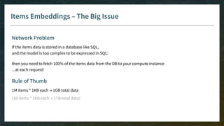 Items Embeddings – The Big Issue
Network Problem
If the items data is stored in a database like SQL,
and the model is too complex to be expressed in SQL:
then you need to fetch 100% of the items data from the DB to your compute instance
...at each request!
Rule of Thumb
1M items * 1KB each → 1GB total data
(1B items * 1KB each → 1TB total data)
 