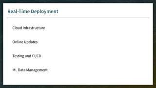 Real-Time Deployment
Cloud Infrastructure
Online Updates
Testing and CI/CD
ML Data Management
 