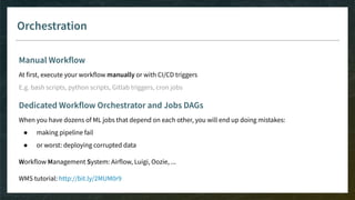 Orchestration
Manual Workflow
At first, execute your workflow manually or with CI/CD triggers
E.g. bash scripts, python scripts, Gitlab triggers, cron jobs
Dedicated Workflow Orchestrator and Jobs DAGs
When you have dozens of ML jobs that depend on each other, you will end up doing mistakes:
● making pipeline fail
● or worst: deploying corrupted data
Workflow Management System: Airflow, Luigi, Oozie, ...
WMS tutorial: http://bit.ly/2MUM0r9
 