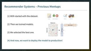 Recommender Systems – Previous Meetups
(1) With started with the dataset.
(2) Then we trained models.
(3) We selected the best one.
(4) And now, we want to deploy the model to production!
 