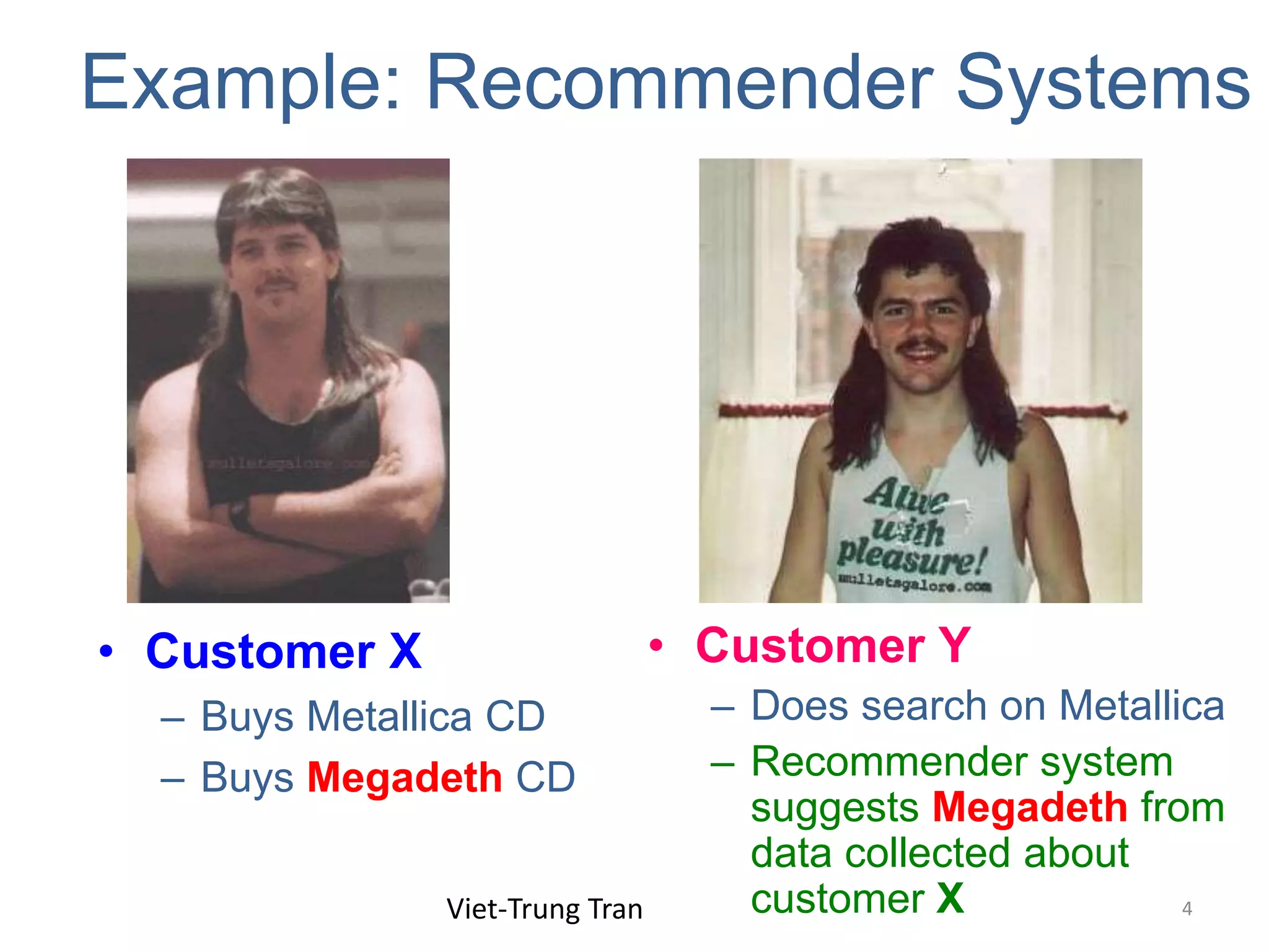 Example: Recommender Systems
• Customer X
– Buys Metallica CD
– Buys Megadeth CD
• Customer Y
– Does search on Metallica
– Recommender system
suggests Megadeth from
data collected about
customer XViet-Trung Tran 4
 