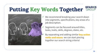 Putting Key Words Together
 We recommend breaking your search down
into segments, specifications, key areas of a
job description.
 Segments can be focused around titles,
tasks, traits, skills, degrees, dates, etc.
 By separating and adding similar
we can start piecing
together our search string criteria!
11
 