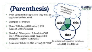(Parenthesis)
19
• When using multiple operators they must be
separated and enclosed.
• Examples for erecruit:
 fluen* OR bilingual OR native* AND
Spanish OR Portuguese
 develop* OR engineer* OR architect* OR
test* AND automation AND puppet OR
ansible OR chef OR “salt stack”
 customer OR client AND service OR “CSR”
 