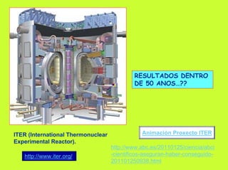 RESULTADOS DENTRO
                                            DE 50 ANOS…??




ITER (International Thermonuclear              Animación Proxecto ITER
Experimental Reactor).
                                    http://www.abc.es/20110125/ciencia/abci
   http://www.iter.org/             -cientificos-aseguran-haber-conseguido-
                                    201101250938.html
 