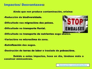 Impactos/ Desvantaxes:

       Aínda que non produce contaminación, orixina:

-Reducción da biodiversidade.

-Dificultade nas migracións dos peixes.

-Dificultade no transporte fluvial.

-Dificultade no transporte de nutrientes auga abaixo.

-Variacións no microclima da zona.

-Eutrofización das augas.

-Destrución de terras de labor e traslado de poboacións.

       Debido a estes impactos, hoxe en día, téndese máis a
construír minicentrais.

                                           Animación minihidráulica
 