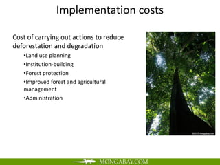 Implementation costs

Cost of carrying out actions to reduce
deforestation and degradation
   •Land use planning
   •Institution-building
   •Forest protection
   •Improved forest and agricultural
   management
   •Administration
 