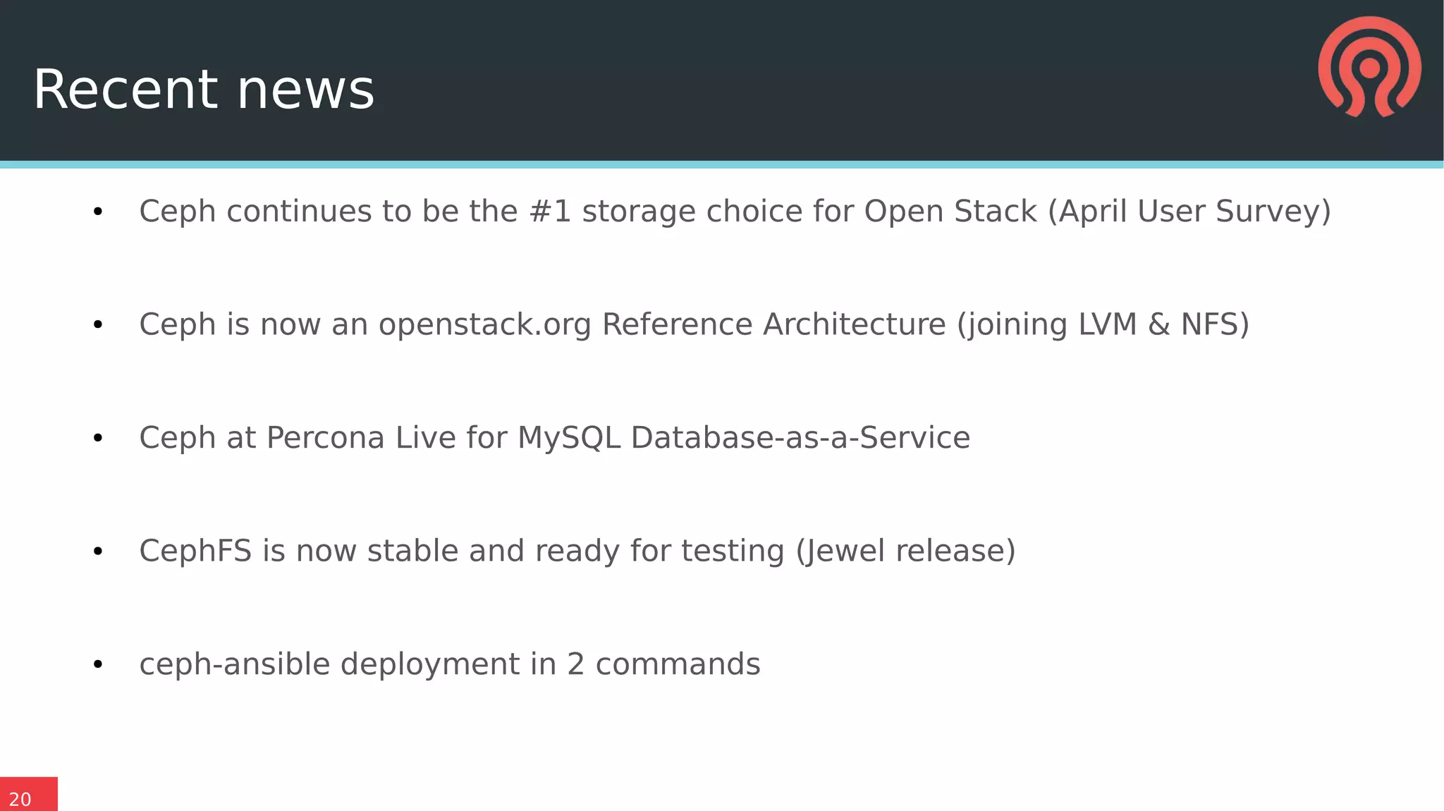 20
Recent news
● Ceph continues to be the #1 storage choice for Open Stack (April User Survey)
● Ceph is now an openstack.org Reference Architecture (joining LVM & NFS)
● Ceph at Percona Live for MySQL Database-as-a-Service
● CephFS is now stable and ready for testing (Jewel release)
● ceph-ansible deployment in 2 commands
 