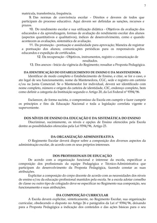 7
matrícula, transferência, frequência.
9. Das normas de convivência escolar - Direitos e deveres de todos que
participam do processo educativo. Aqui devem ser definidas as sanções, recursos e
prazos.
10. Do rendimento escolar e sua utilização didática - Objetivos da avaliação dos
educandos e da aprendizagem, formas de avaliação do rendimento escolar dos alunos
(aspectos quantitativos e qualitativos), índices de desenvolvimento, como e quando
acontecem as avaliações, sistemática de avaliação.
11. Da promoção - pontuação e assiduidade para aprovação; Maneira de registrar
a pontuação dos alunos; comunicações periódicas para os responsáveis pelos
educandos e expedição de certificados.
12. Da recuperação - Objetivos, instrumentos, registro e comunicação de
resultados.
13. Dos anexos - Início da vigência do Regimento; ressaltar a Proposta Pedagógica.
DA IDENTIFICAÇÃO DO ESTABELECIMENTO DE ENSINO E DA MANTENEDORA
Identificar de modo completo o Estabelecimento de Ensino, e citar, se for o caso, o
ato legal de seu funcionamento, nome da Mantenedora, CGC, sede e registro em cartório
e/ou na Junta Comercial. Se o Mantenedor for individual, deverá ser identificado com
nome completo, número e origem da carteira de identidade, CIC, endereço completo, bem
como definir a categoria da Instituição segundo o Artigo 20, da Lei Federal nº 9394/96.
Esclarecer, de forma sucinta, o compromisso da Escola em cumprir e fazer cumprir
os princípios e fins da Educação Nacional e toda a legislação correlata vigente e
superveniente.
DOS NÍVEIS DE ENSINO DA EDUCAÇÃO E DA SISTEMÁTICA DO ENSINO
Discriminar, sucintamente, os níveis e opções de Ensino oferecidos pela Escola
dentre as possibilidades oferecidas pela Lei 9394/96, Artigo 23.
DA ORGANIZAÇÃO ADMINISTRATIVA
O Regimento Escolar deverá dispor sobre a composição dos diversos aspectos da
administração escolar, de acordo com os seus próprios interesses.
DOS PROFISSIONAIS DE EDUCAÇÃO
De acordo com a organização funcional e interesse da escola, especificar a
composição dos profissionais da equipe Pedagógica e Técnico-Administrativa que
participam do desenvolvimento da Proposta Pedagógica, fazendo constar as suas
atribuições.
Explicitar a composição do corpo docente de acordo com as necessidades dos níveis
de ensino e/ou da educação profissional mantidos pela escola. Se a escola adotar conselho
de classe ou outro tipo de colegiado deve-se especificar no Regimento sua composição, seu
funcionamento e suas atribuições.
DA COMPOSIÇÃO CURRICULAR
A Escola deverá explicitar, sinteticamente, no Regimento Escolar, sua organização
curricular, obedecendo o disposto no Artigo 26 e parágrafos da Lei nº 9394/96, deixando
para a Proposta Pedagógica a indicação dos conteúdos e das ações básicas para o seu
 