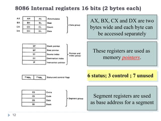 8086 Internal registers 16 bits (2 bytes each) 
12 
AX, BX, CX and DX are two 
bytes wide and each byte can 
be accessed separately 
These registers are used as 
memory pointers. 
6 status; 3 control ; 7 unused 
Segment registers are used 
as base address for a segment 
 