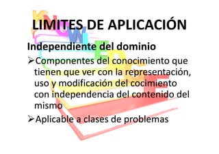 LIMITES DE APLICACIÓN
Independiente del dominio
 Componentes del conocimiento que
 tienen que ver con la representación,
 uso y modificación del cocimiento
 con independencia del contenido del
 mismo
 Aplicable a clases de problemas
 