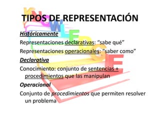 TIPOS DE REPRESENTACIÓN
Históricamente
Representaciones declarativas: “sabe qué”
                 declarativas
Representaciones operacionales: “saber como”
                 operacionales
Declarativa
Conocimiento: conjunto de sentencias +
  procedimientos que las manipulan
Operacional
Conjunto de procedimientos que permiten resolver
  un problema
 