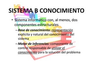 SISTEMA B CONOCIMIENTO
• Sistema informático con, al menos, dos
  componentes estructurales
  – Base de conocimiento: representación
             conocimiento:
    explicita y natural del conocimiento del
    sistema
  – Motor de inferencias: componente de
    control responsable de utilizar el
    conocimiento para la solución del problema
 