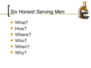 Six Honest Serving Men What? How? Where? Who? When? Why? 
