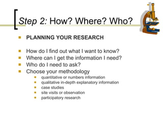 Step 2:  How? Where? Who?   PLANNING YOUR RESEARCH How do I find out what I want to know? Where can I get the information I need? Who do I need to ask?   Choose your methodology quantitative or numbers information qualitative in-depth explanatory information case studies site visits or observation participatory research 