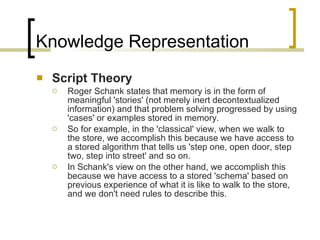 Knowledge Representation Script Theory Roger Schank states that memory  i s in the form of meaningful 'stories' (not merely inert decontextualized information) and that problem solving progressed by using 'cases' or examples stored in memory.  So for example, in the 'classical' view, when we walk to the store, we accomplish this because we have access to a stored algorithm that tells us 'step one, open door, step two, step into street' and so on.  In Schank's view on the other hand, we accomplish this because we have access to a stored 'schema' based on previous experience of what it is like to walk to the store, and we don't need rules to describe this. 