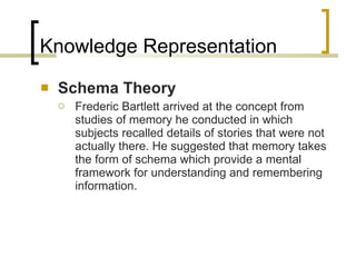 Knowledge Representation Schema Theory Frederic Bartlett  arrived at the concept from studies of memory he conducted in which subjects recalled details of stories that were not actually there. He suggested that memory takes the form of schema which provide a mental framework for understanding and remembering information.  