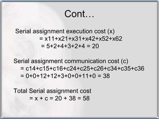 Cont…
Serial assignment execution cost (x)
         = x11+x21+x31+x42+x52+x62
          = 5+2+4+3+2+4 = 20

Serial assignment communication cost (c)
  = c14+c15+c16+c24+c25+c26+c34+c35+c36
  = 0+0+12+12+3+0+0+11+0 = 38

Total Serial assignment cost
      = x + c = 20 + 38 = 58
 