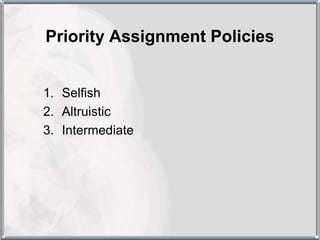 Priority Assignment Policies


1. Selfish
2. Altruistic
3. Intermediate
 