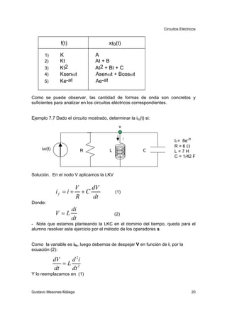 Circuitos Eléctricos


                f(t)                     xfo(t)

      1)        K                A
      2)        Kt               At + B
      3)        Kt2              At2 + Bt + C
      4)        Ksenωt           Asenωt + Bcosωt
      5)        Ke-at            Ae-at


Como se puede observar, las cantidad de formas de onda son concretos y
suficientes para analizar en los circuitos eléctricos correspondientes.


Ejemplo 7.7 Dado el circuito mostrado, determinar la ifo(t) si:
                                               v

                                                   i                    If = 8e-2t
                                                                        R=6Ω
     ifu(t)                 R            L                 C            L=7H
                                                                        C = 1/42 F



Solución. En el nodo V aplicamos la LKV

                         V    dV
              if = i +     +C                (1)
                         R    dt
Donde:
                       di
              V =L                           (2)
                       dt
- Note que estamos planteando la LKC en el dominio del tiempo, queda para el
alumno resolver este ejercicio por el método de los operadores s


Como la variable es ifo, luego debemos de despejar V en función de i, por la
ecuación (2):

              dV   d 2i
                 =L 2
              dt   dt
Y lo reemplazamos en (1)



Gustavo Mesones Málaga                                                             20
 