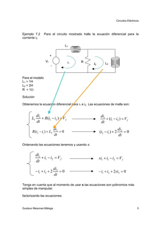 Circuitos Eléctricos




Ejemplo 7.2      Para el circuito mostrado halle la ecuación diferencial para la
corriente i2

                                    L1


                       +
                  Vf                 i1   R
                                                  i2        L2
                       -


Para el modelo
L1 = 1H
L2 = 2H
R = 1Ω

Solución

Obtenemos la ecuación diferencial para i1 e i2. Las ecuaciones de malla son:


           di1                                          di1
      L1       + R(i1 − i2 ) = V f                          + (i1 − i2 ) = V f
           dt                                           dt
                           di2                                          di2
       R (i2 − i1 ) + L2       =0                      (i2 − i1 ) + 2       =0
                           dt                                           dt

Ordenando las ecuaciones tenemos y usando s:


           di1
               + i1 − i2 = V f                         si1 + i1 − i2 = V f
           dt
                           di2
           − i1 + i2 + 2       =0                      − i1 + i2 + 2si2 = 0
                           dt

Tenga en cuenta que al momento de usar s las ecuaciones son polinomios más
simples de manipular.

factorizando las ecuaciones:


Gustavo Mesones Málaga                                                                5
 